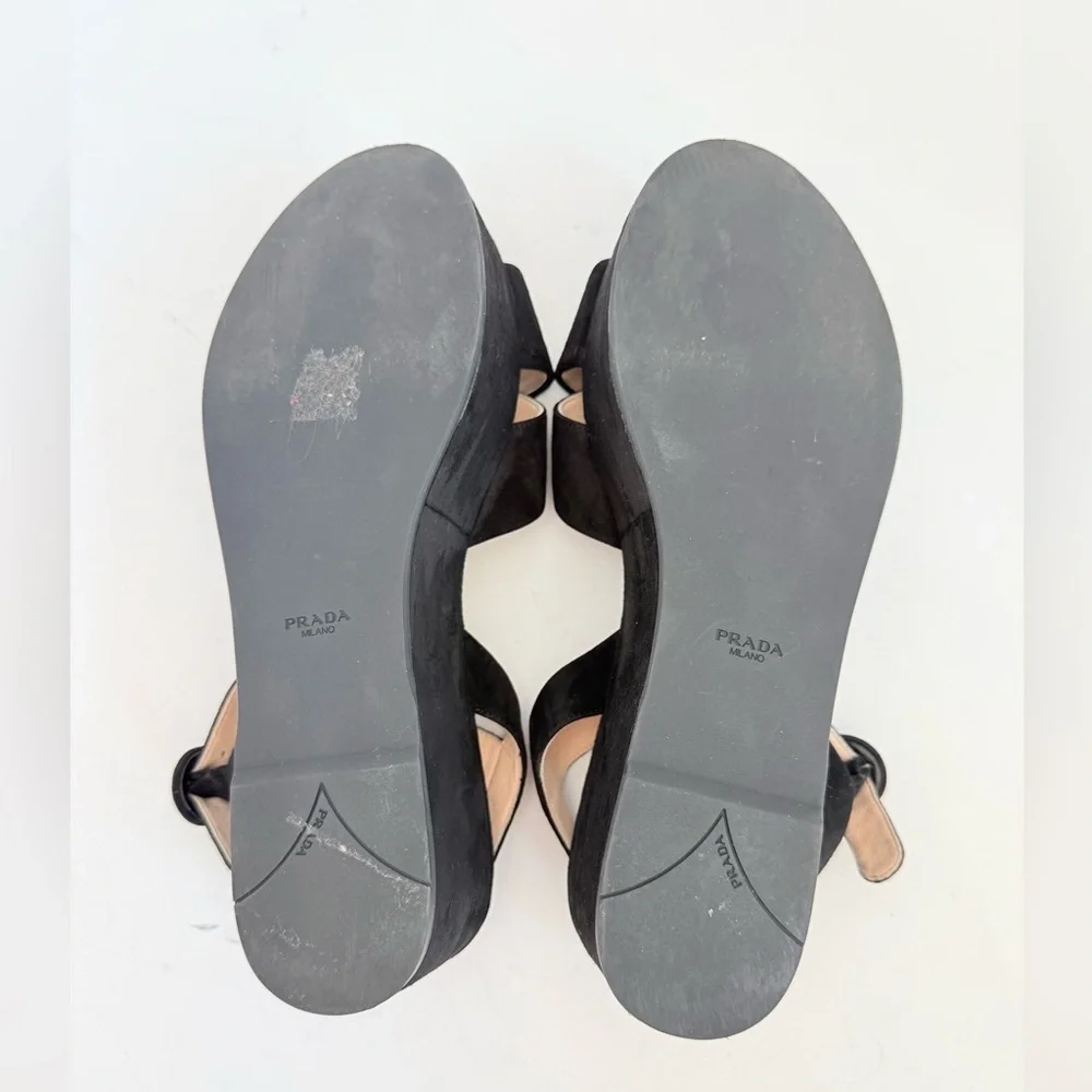 Prada Black Suede leather Wedge peep toe Criss cross sandals EU 40.5